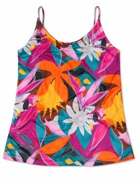 Vibrant Floral Print Satin Tank Top - Pink/Orange